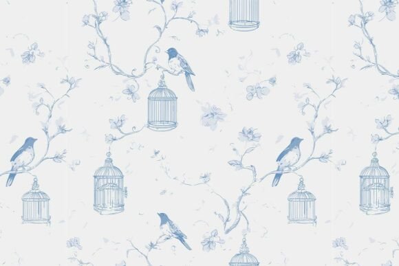 Blue Toile Seamless Pattern 29. Birds