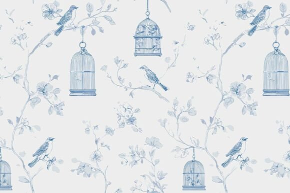 Elegant Blue Toile Seamless Pattern 2 with Birds: A Timeless Design for Modern Creativity