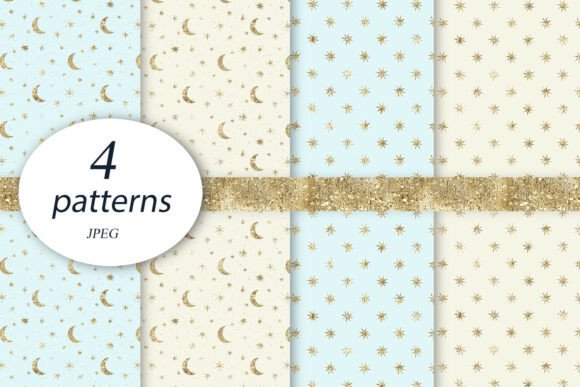 Gold Moon Star Baby Blue Digital Paper