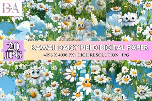 Kawaii Daisy Field Digital Paper: Uplifting Art for Creative Projects