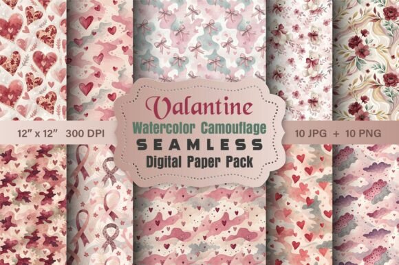 Valentine Watercolor Camo Pattern Bundle